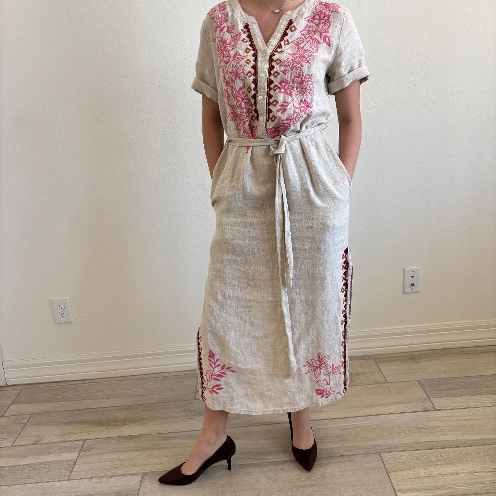 Sundance 100% Linen Embroidered Boho Maxi Dress Neutral Pink Floral, Size XS